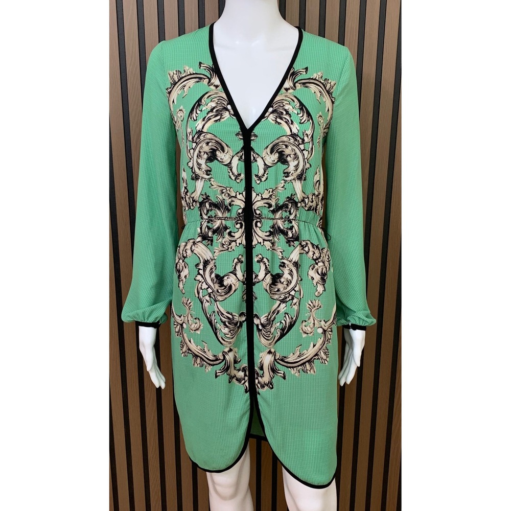 BCBGMAXAZRIA Green Baroque Print‎ V-Neck Long Sleeve Mini Dress XS Mint Black